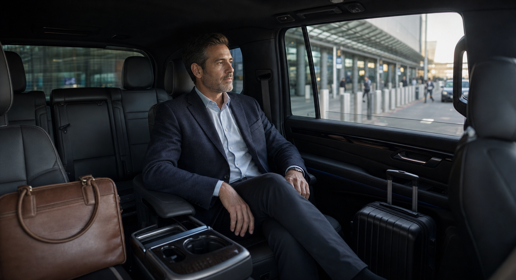 Executive passenger inside a premium SUV at the airport