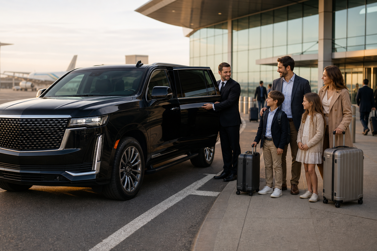 Family being picked up at the airport with luggage and a premium SUV